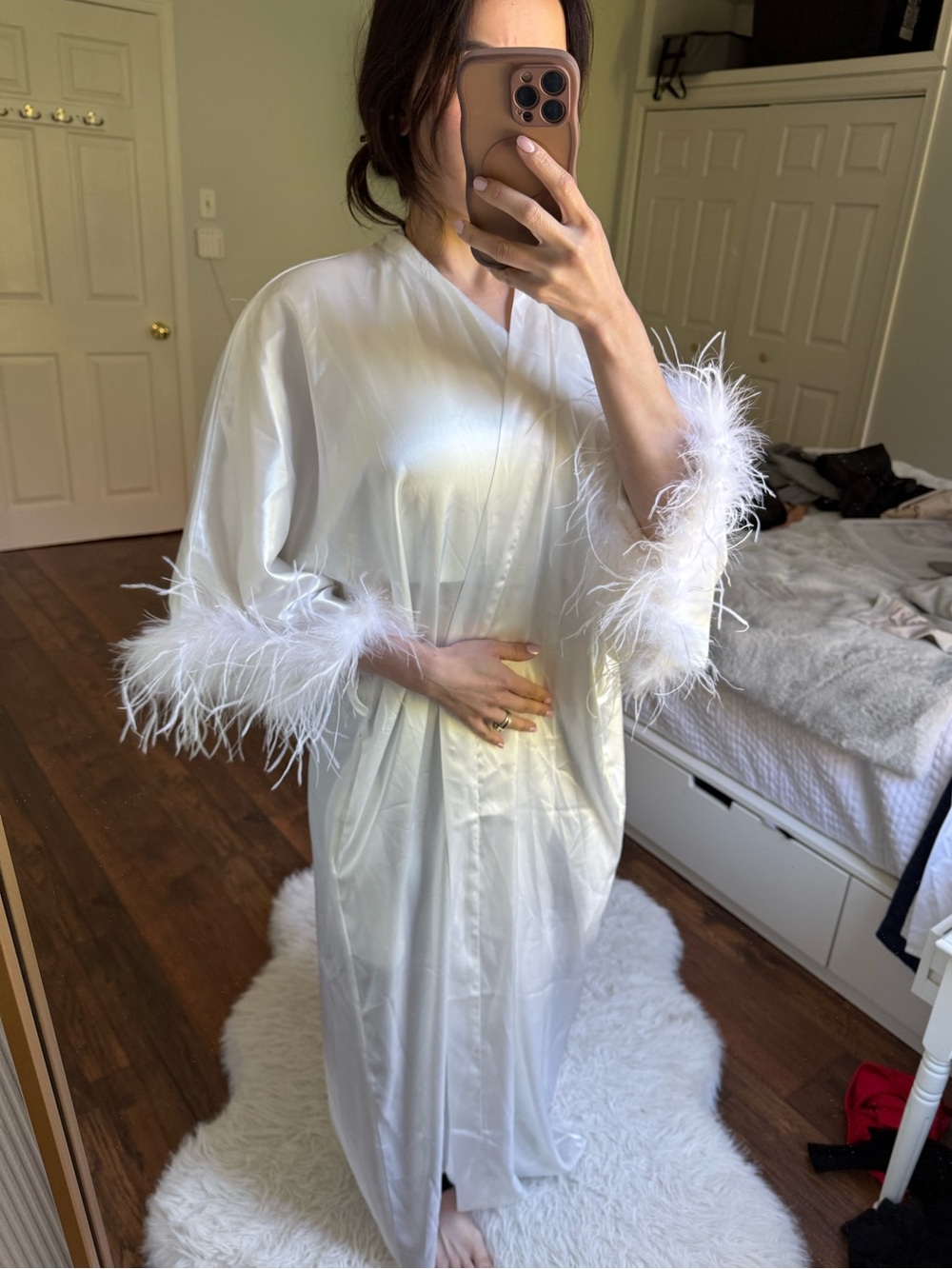 Bridal gown White Feather Trim Satin Kimono Robe - Women Intimates & Sleepwear